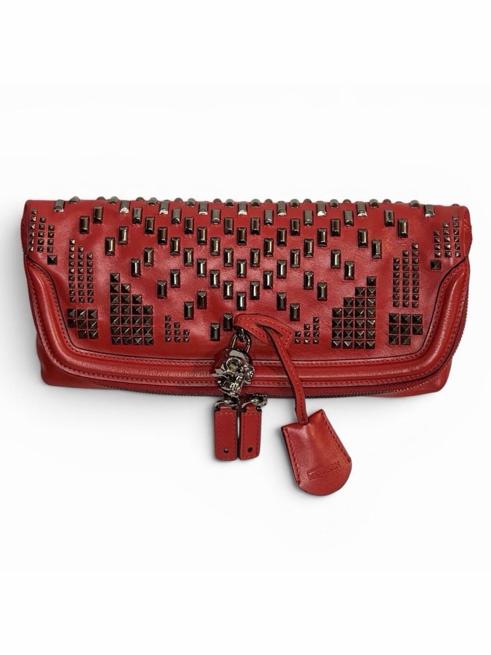 Alexander McQueen Red Leather Skull Padlock Fold Over Clutch Bag w/ COA